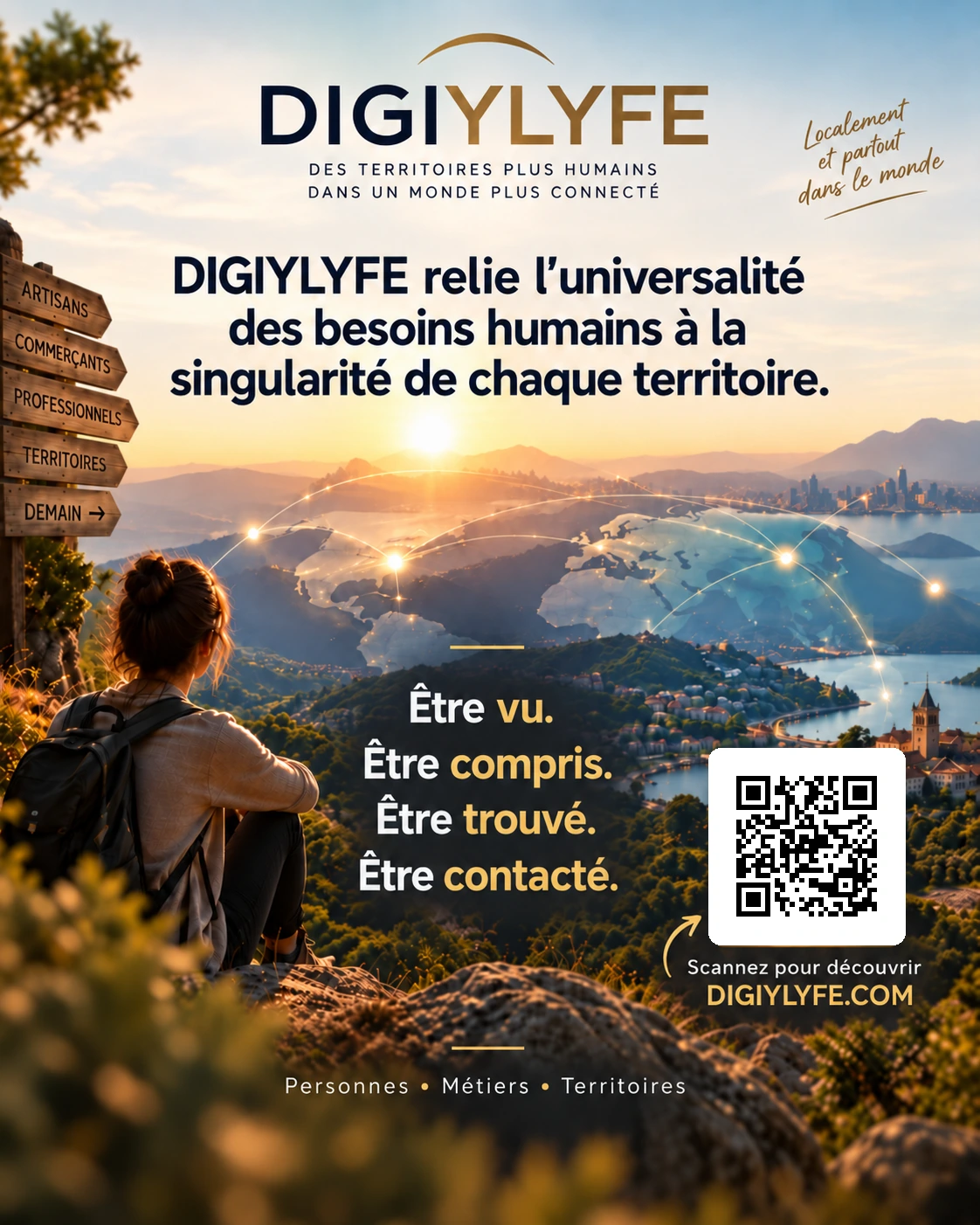 DIGIYLYFE relie l’universalité des besoins humains à la singularité de chaque territoire. Être vu. Être compris. Être trouvé. Être contacté.