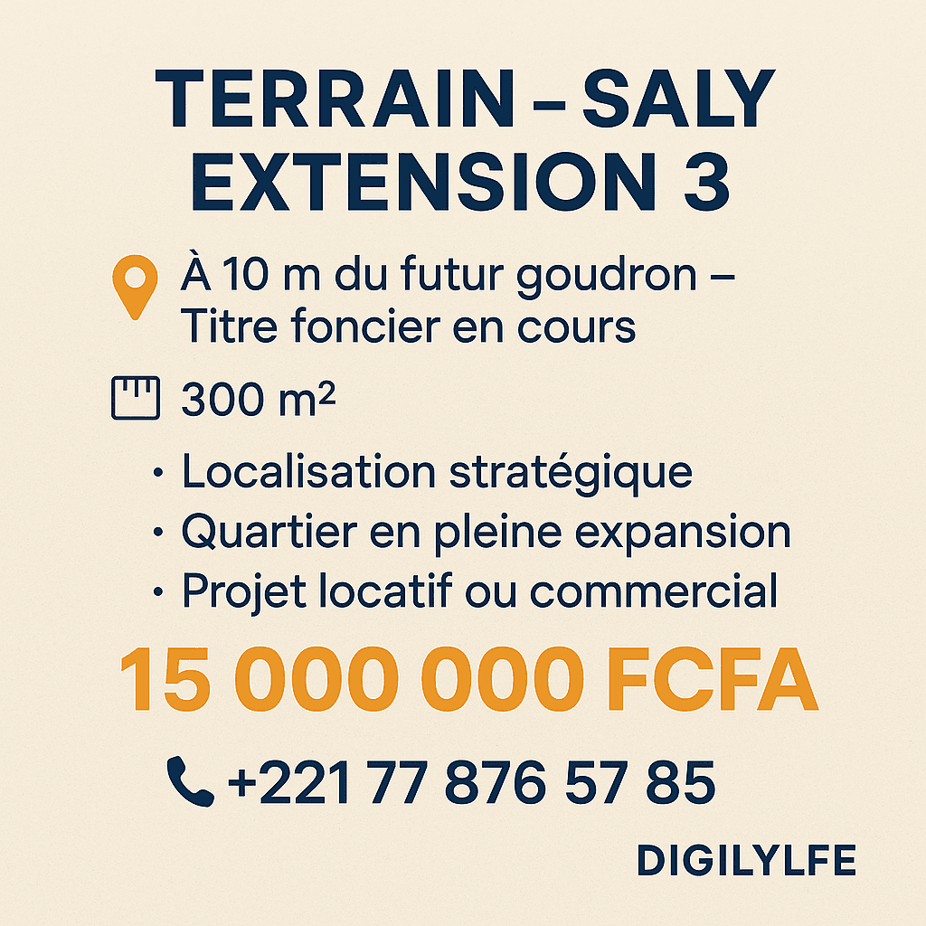 Terrain à vendre – Saly Extension 3, 300 m² – 10 m du futur goudron – Titre foncier en cours